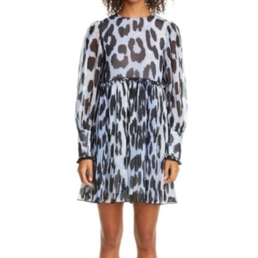 Ganni Georgette Blue Leopard Print Pleated Dress